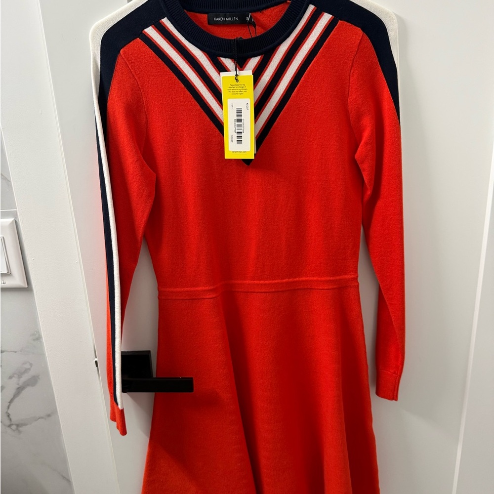 Orange Long Sleeve Dress with Striped Detail
